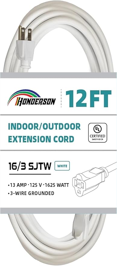 Indoor Outdoor Extension Cord Weatherproof, UL Certified, 16 Gauge 12FT White 3 Prong Heavy Duty, 16/3 SJTW 13A Power Cord for Outdoor Lights, Appliances, Lawn