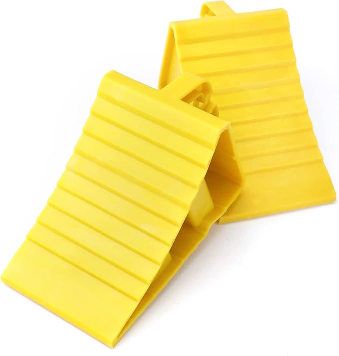QWORK RV Wheel Chocks, 4 Pack Heavy Duty Car RV Tire Chocks Camper Chocks with Handle and Rope, Car Truck Stopper for Travel Trailers, Camper, Cars, Truck, Yellow