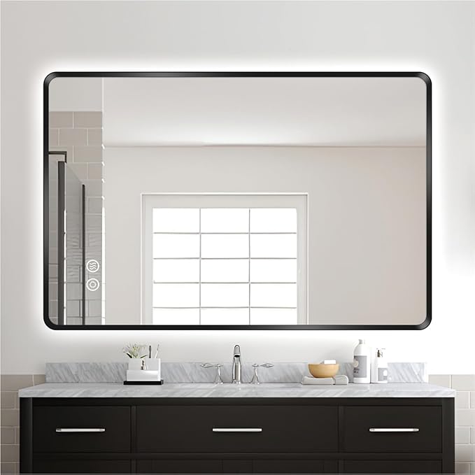 32" x 40" Black LED Bathroom Mirror, Smart Touch Switch, Anti-Fog, Backlit Mirror, 3-Color Dimmable Lighting, CRI≥93, Modern Bathroom Vanity Wall Mirror with Lights (Horizontal/Vertical)