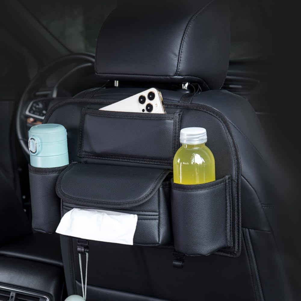 Car Seat Back Organizer PU Leather Storage Bag with Tissue Holder Pocket