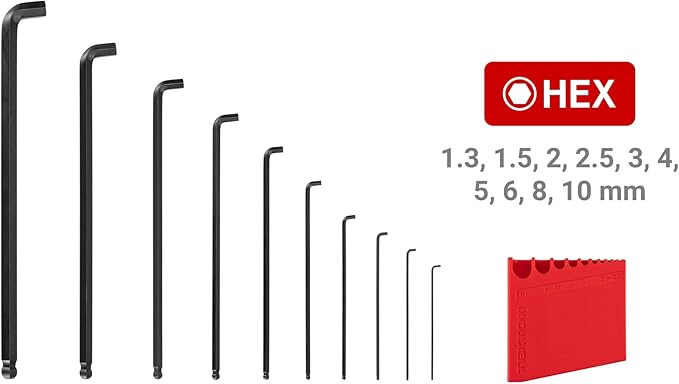 TEKTON Short Arm Ball End Hex L-Key Set with Holder, 10-Piece (1.3-10 mm, Common Sizes) | KLX91212