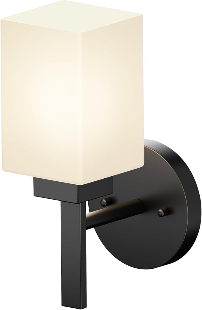 Wall Light Fixture Black Vanity Lighting Over Bathroom Mirror with White Frosted Glass, Wall Lamp for Hallway Washroom Porch Entrance T002MB-L1