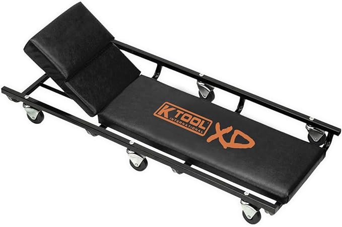 K Tool International XD74962 40" Metal Creeper with Adjustable Headrest, Fully Padded, Epoxy Coated Steel Frame, Six 2 Inch Oil Resistant Swivel Casters, Lightweight Design for Garage and Shop Use