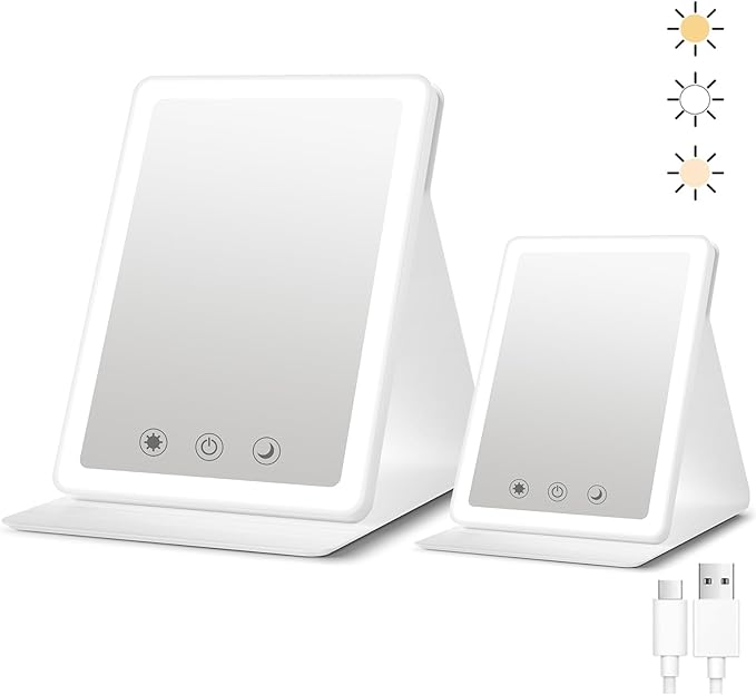 (2 Pack) 2025 Rechargeable Travel Makeup Vanity Mirror with 72 Led Lights,Portable Lighted Beauty Mirror,3 Color Lighting,Dimmable Touch Screen,Tabletop LED Folding Cosmetic Vanity Mirror Desk Table