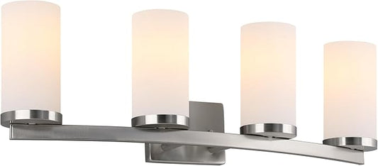 Design House Desta Vanity Light, 4-Light, Curved Bar Design, Frosted Glass Glow, Dimmable, Up/Down Mountable, E26 Socket, Satin Nickel, 30.0 in L x 6.6 in W x 9.5 in H, 589168-SN
