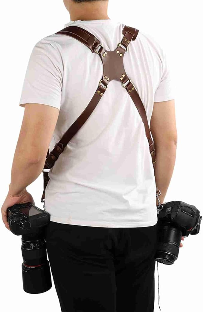 Dual Camera Harness & Leather Shoulder Strap Comfortable Carry