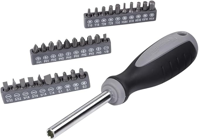 Amazon Basics 65 Piece Home Repair Tool Kit Set With Carrying Bag, Hand Tools, Socket Set, SAE and Metric, Silver, Black