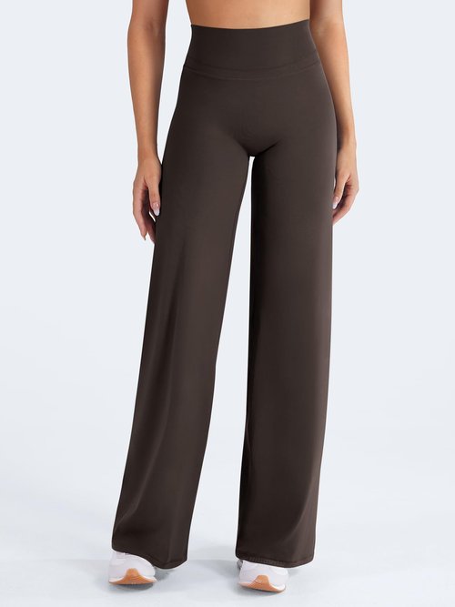 HIGORUN Straight Leggings Bottoms High Waisted No Front Seam Workout Leggings for Women 31" Wide Leg Casual Gym Yoga Pants Dark Brown