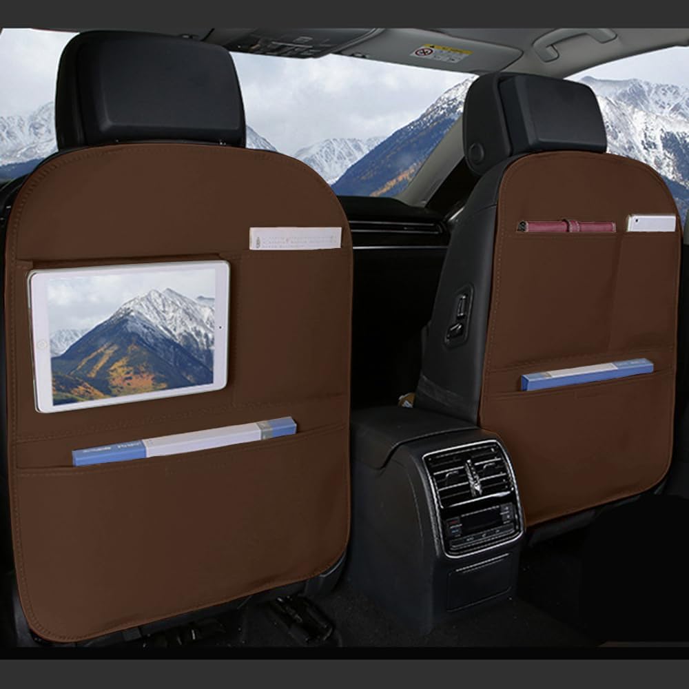 SUTSU Kick Mat Back Seat Protector， Waterproof Leather Car Seat Back Organizers Cover with 3 Storage Pockets for Kids Pets SUV Sedan Minivan Truck Car Travel Accessories (Coffee 2-pack)