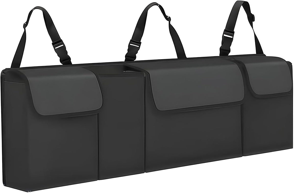 Car Trunk Organizer – Backseat Hanging Large Storage Bag with Adjustable Straps, Waterproof Collapsible Cargo Organizer with 4 Pockets, Space-Saving Trunk Storage for SUV Truck MPV (Black)