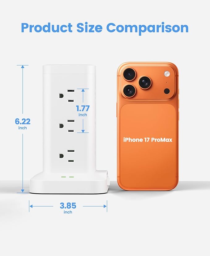 Power Strip Tower with Surge Protector 1800J, Fast Charging Tower PD20W USB-C Ports with 12 AC Outlets, 10ft Extension Cord for Home Office Dorm Room, White