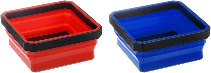 HARFINGTON 2Pcs Collapsible Magnetic Parts Tray Foldable Tool Trays Square Small Metal Parts Organiser for Fixing Screw Bolts Nuts Washers Pins, Red, Blue