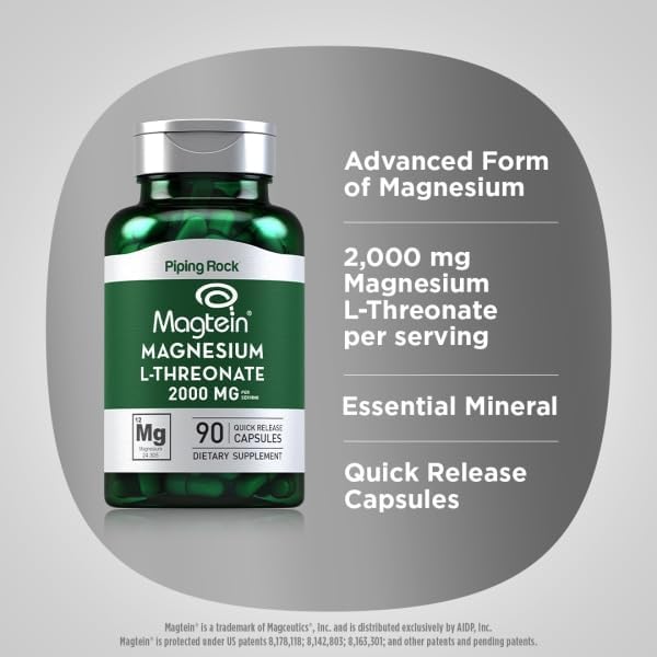 Piping Rock Magnesium L-Threonate | 2000mg | 90 Capsules | with Magtein | Non-GMO, Gluten Free Supplement