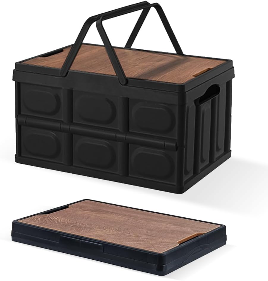 Collapsible Storage Bins Box with Lids and Handle, 30L Portable Plastic Storage Crate Containers Totes, Instacrate Stackable Foldable Camping Basket Supplies for Camp Fishing Car RV, Office (Black)