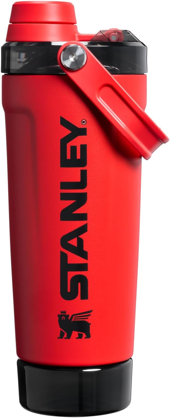 STANLEY Vitalize Shaker Bottle 20 oz - Leakproof Insulated Stainless Steel | Fast Flow Lid & Base Storage | BPA-Free | Chili Black