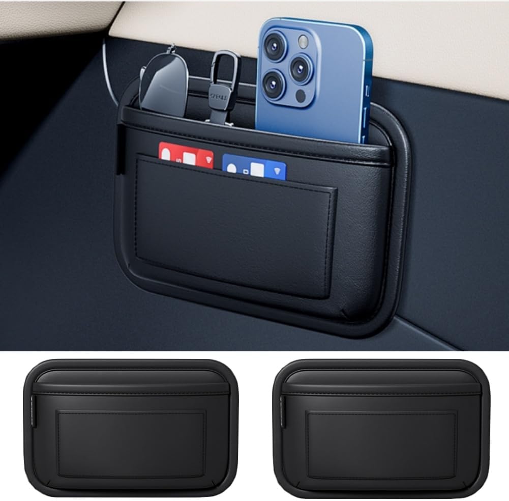 Tumecos Car Storage Bag, Leather Small Debris Organizer ,Hanging Cell Phone Mobile Paste Type Bag for Stowing Tidy, Universal Accessories（BlackA-1pcs）