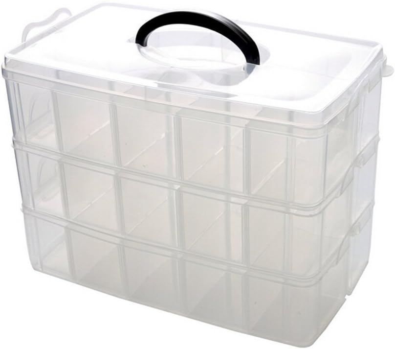 Kamay's 3-Tier 18 Sections Transparent Stackable Adjustable Compartment Slot Plastic Craft Storage Box Organizer for Toy Desktop Jewelry Accessory Drawer Or Kitchen 4 Colors 3 Sizes(Medium Pink)