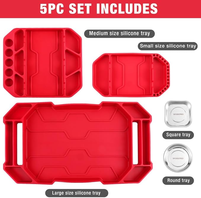 WORKPRO 5-Piece Non-Slip Tool Tray Set, 3-Piece Silicone Flexible Tools Organizers and 2-Piece Magnetic Parts Tool Tray, Tool Mat, Tool Holder, Tool Storage (Only Parts Tray Magnetic)