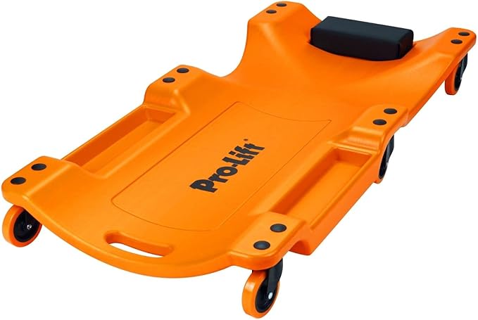 Pro Lift Mechanic Plastic Creeper 40 Inch - Blow Molded Ergonomic HDPE Body with Padded Headrest & Dual Tool Trays - 350 Lbs Capacity Orange