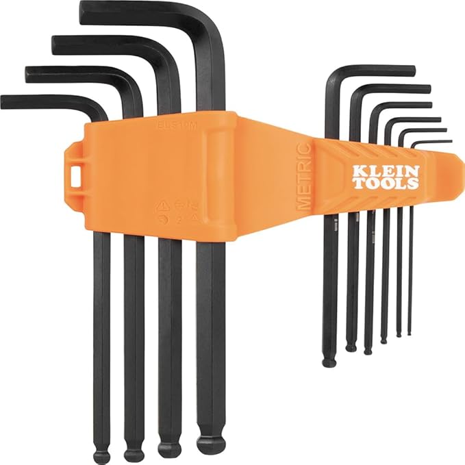 Klein Tools BLS10M 10-Key Metric Hex Key Caddy Set, L-Style Ball-End Keys, Sizes 1.5 to 10mm, Heat-Treated, Black Phosphate