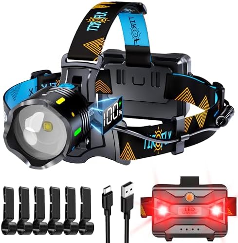 TIROFLX 12 Modes 210000 Lux Headlamp Motion Sensor Red Warning Adjustable Focus Energy Saving, More Than 30Dys Standby Head Lamp, IP65 Waterproof and 125° Angle for Camping Outdoor Hardhat