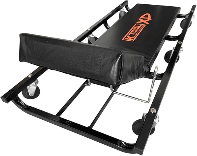 K Tool International XD74962 40" Metal Creeper with Adjustable Headrest, Fully Padded, Epoxy Coated Steel Frame, Six 2 Inch Oil Resistant Swivel Casters, Lightweight Design for Garage and Shop Use