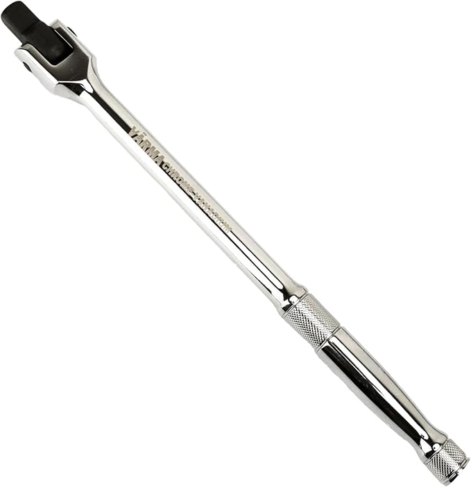 1/2-Inch Drive Breaker Bar, 12-Inch – Heavy Duty CR-MO Head & 18mm Thick Shaft – Dual-Knurled Non-Slip Grip, Constant Tension Flex Head, Premium Mirror Chrome Finish