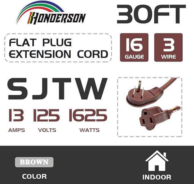 Flat Plug Indoor Extension Cord, UL Certified, 16 Gauge 30FT Brown 3 Prong Heavy Duty, 16/3 SJTW 13A Power Cord for Lights, Appliances, Home
