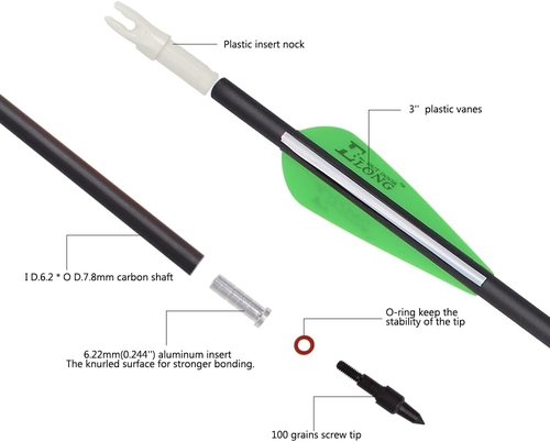 Archery Bow Carbon Arrows - Hunting Target Practice with Removable Tips | 26, 28, 30 Inch, Spine 500, 6/12 Pack