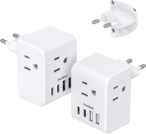 **Skiennix European Travel Plug Adapter - 3 Outlets & 4 USB Ports (2 USB-C) for EU Countries**
