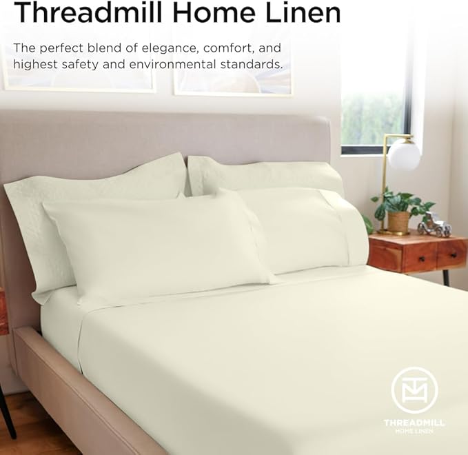 Threadmill Luxury 800 Thread Count Queen 100% Cotton Sheets - Ivory Sateen Weave Bed-Sheets, Better Than Egyptian Cotton,4 Pc Solid Soft Bed Set, Fits 16" Deep Pocket