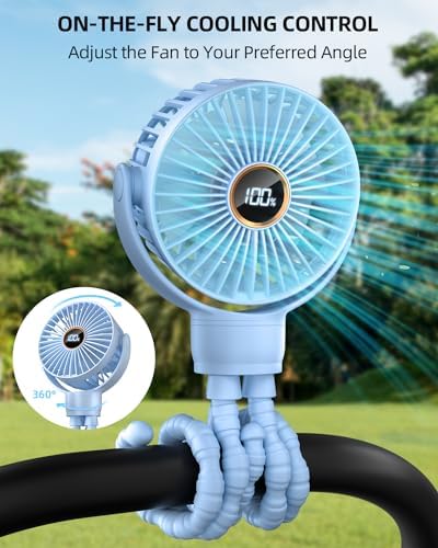 buywoo Portable Stroller Mini Fan, Small Rechargeable Personal Fan, Travel Essentials for Baby, Wagon, Car Seat, Treadmill, Battery Powered Biking Gear Accessories, 360° Rotation, 3-Speed, Display