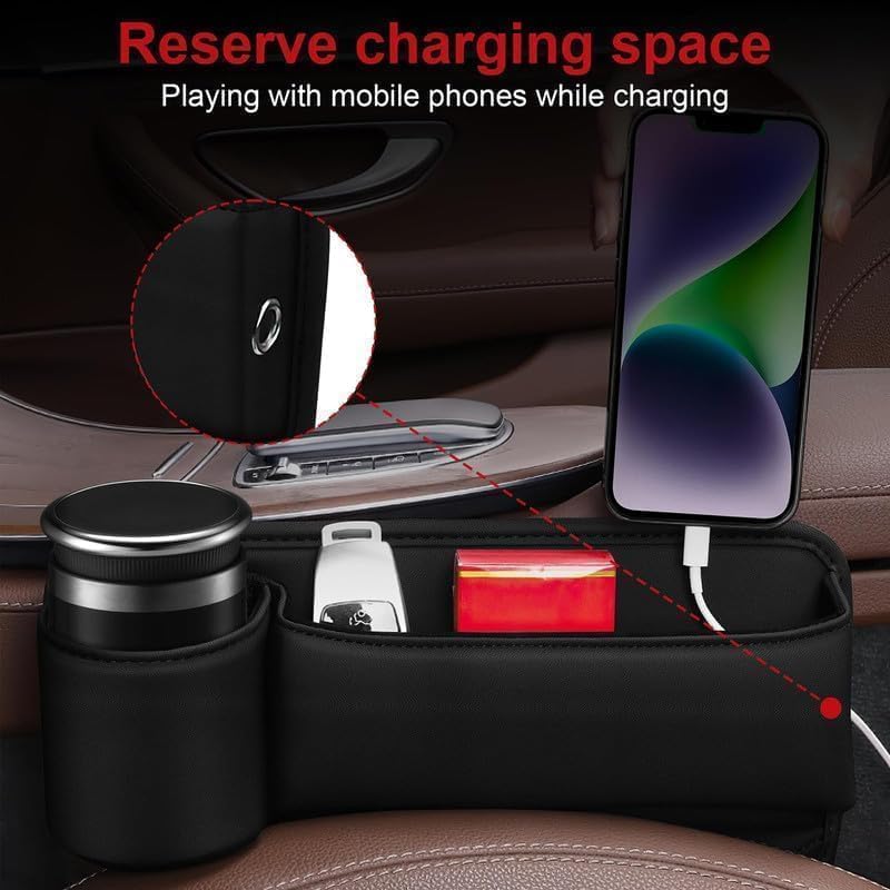 Car Leather Cup Holder Gap Bag,2026 Upgrade Car Storage Box with Cup Holder,Seat Storage Box Gap Filler Organizer for Glasses Phone Keys and Cards (Black, Driver's Seat)
