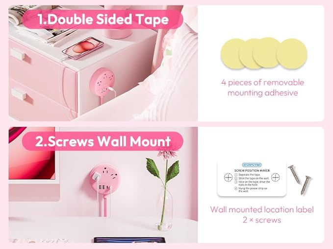 Pink 2 Prong Power Strip with USB C, NTONPOWER Pink Extension Cord 10 FT, 2 Prong to 3 Prong Outlet Adapter, 180° Rotatable Plug, 3 Outlets 4 USB Ports, Non-Grounded Outlets for Vanity Desk, Travel