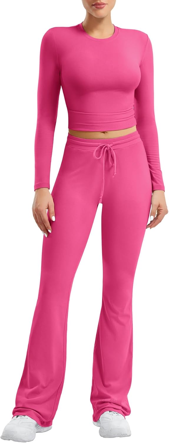 YEOREO Women's Lounge Set - Long Sleeve Top & Drawstring Wide Leg Pants | Rose Red, Size S