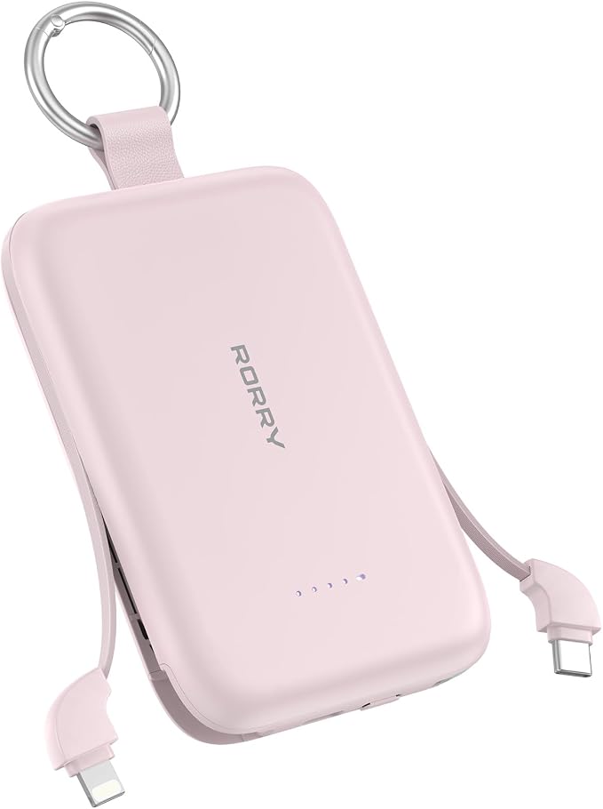 RORRY Portable Charger, 10000mAh PD 30W Fast Charging Portable Charger Power Bank with Built-in Cables, Travel Keychain Charger Battery Pack for iPhone 17/16/15/14/13/12, for AirPods 2/3/4/Pro, Pink