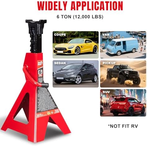 Big RED AT46002R Torin Steel Jack Stands: 6 Ton (12,000 lb) Capacity, Red, 1 Pair
