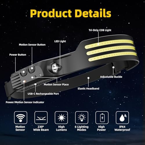 Headlamp Rechargeable 3PCS, Motion Sensor 230° COB Head Lamp, Headlights for Forehead, Hard hat Light for Adults, LED Headband Flashlight for Work, Hiking, Running, Camping Essentials Gear