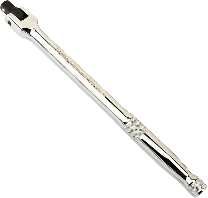 3/8-Inch Drive Breaker Bar, 10-Inch – Heavy Duty CR-MO Head & 15mm Thick Shaft – Dual-Knurled Non-Slip Grip, Constant Tension Flex Head, Premium Mirror Chrome Finish