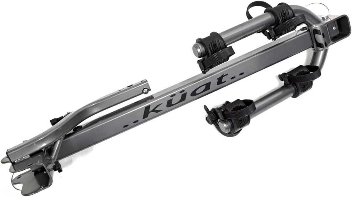 KUAT Beta Hitch-Mounted Bike Rack | Hanging-Style Durable Lightweight Aluminum Powder Coated Folding Tilting-Down Gray Bicycle Car Truck Transportation Hauling Rack | 2 Bike Capacity
