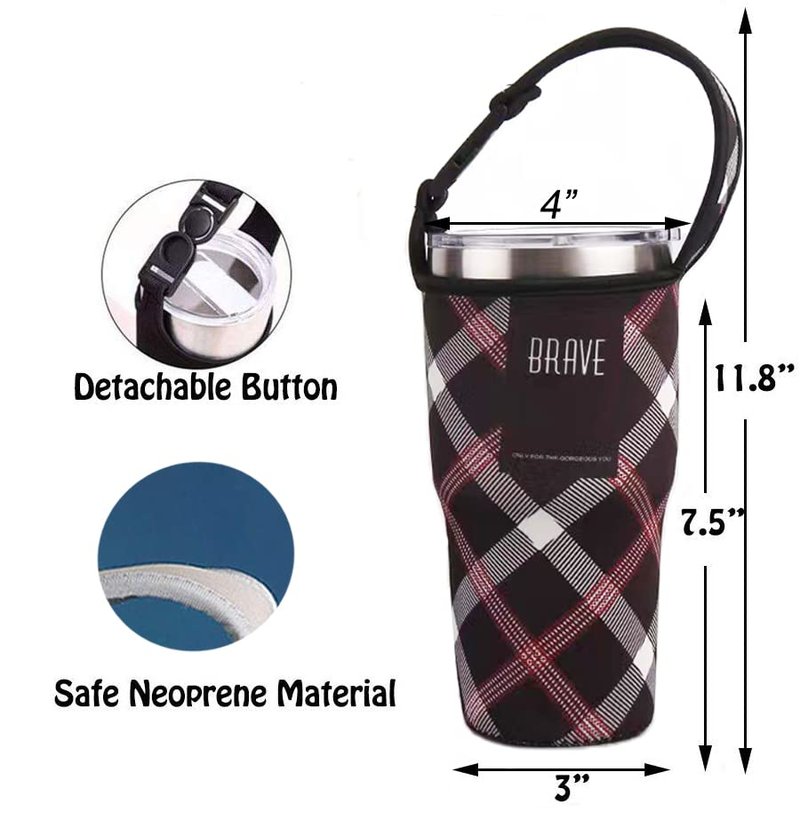TuNan 3PCS Tumbler 30oz Carrier Holder Pouch & Shoulder Strap for YETI, Rtic, Atlin, Ozark Trail, Rambler, Neoprene Sleeve with Carrying Handle-(Plaid Red,Pink,Black)