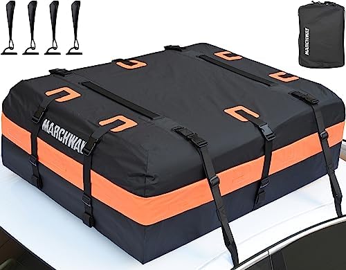 MARCHWAY Waterproof Car Roof Luggage Bag, Weatherproof Soft Shell Rooftop Cargo Carrier Bag for Vehicles with or Without Rack. 6 Door Hooks, Anti Slip Mat, Lock Included (15 Cubic Feet, Orange)