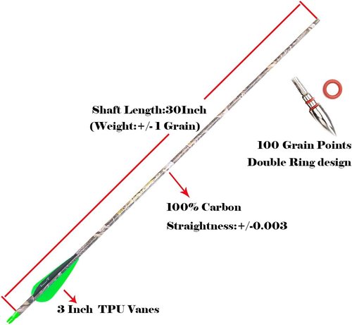 Archery Carbon Hunting Arrows - 28" to 30" Spine 300-400 for Compound & Recurve Bow | Pack of 12