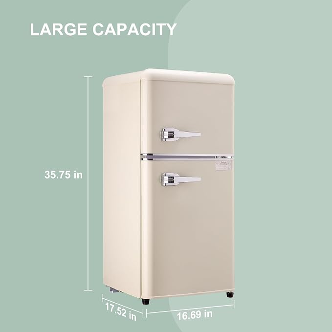 Mini Fridge with Freezer, 3.2 Cu.Ft Retro Double Door Refrigerator with 7 Level Thermostat, Adjustable Removable Glass Shelves for Bedroom Office Apartment Dorm Bar (CREAM, 3.2 Cu.Ft.)