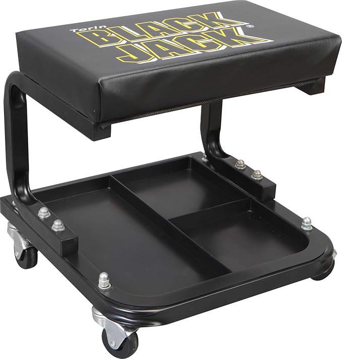 Torin ATR7211 Blackjack Rolling Creeper Garage/Shop Seat: Padded Mechanic Stool with Tool Tray Storage, Black, Large