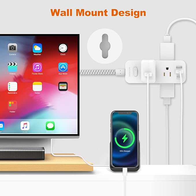 Extension Cord 25FT, BESHON Power Strip Surge Protector, 6 Outlets with 3 USB Ports(1 USB C Outlet), 3-Side Outlet Extender, Wall Mount, Compact for Travel, Home, College Dorm Room, and Office
