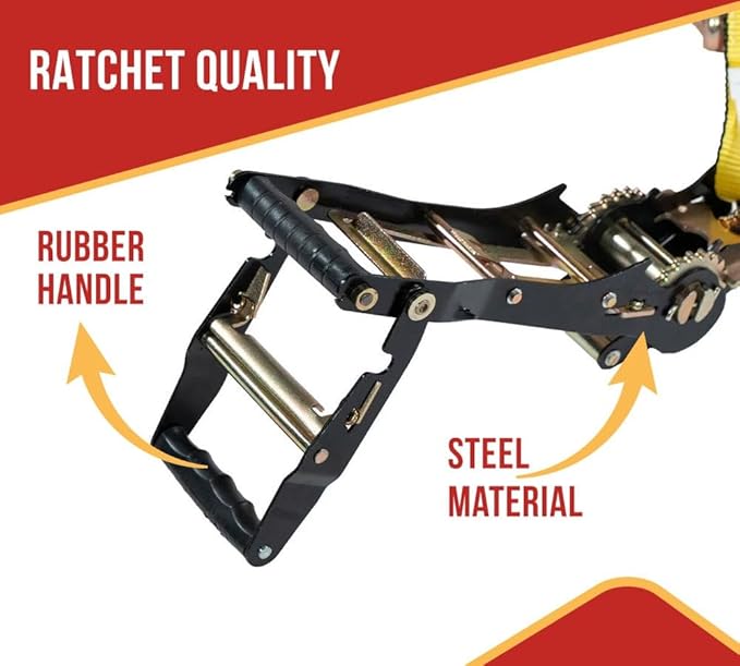 Mytee Products 2 Pack 2"x27' Yellow Ratchet Strap with J Hooks- 10,000 Lbs Breaking Strength -Heavy Duty Tie Down Large Bar Handle and Cargo Straps with Wire Hooks for Flatbed, Truck, Trailers Pickup