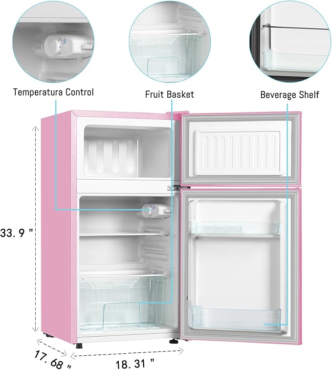 Mini Fridge With Freezer,3.2 Cu.Ft Compact Refrigerator,Mini Refrigerator With 2 Doors For Bedroom,Office,Kitchen,Apartment,Dorm(pink)