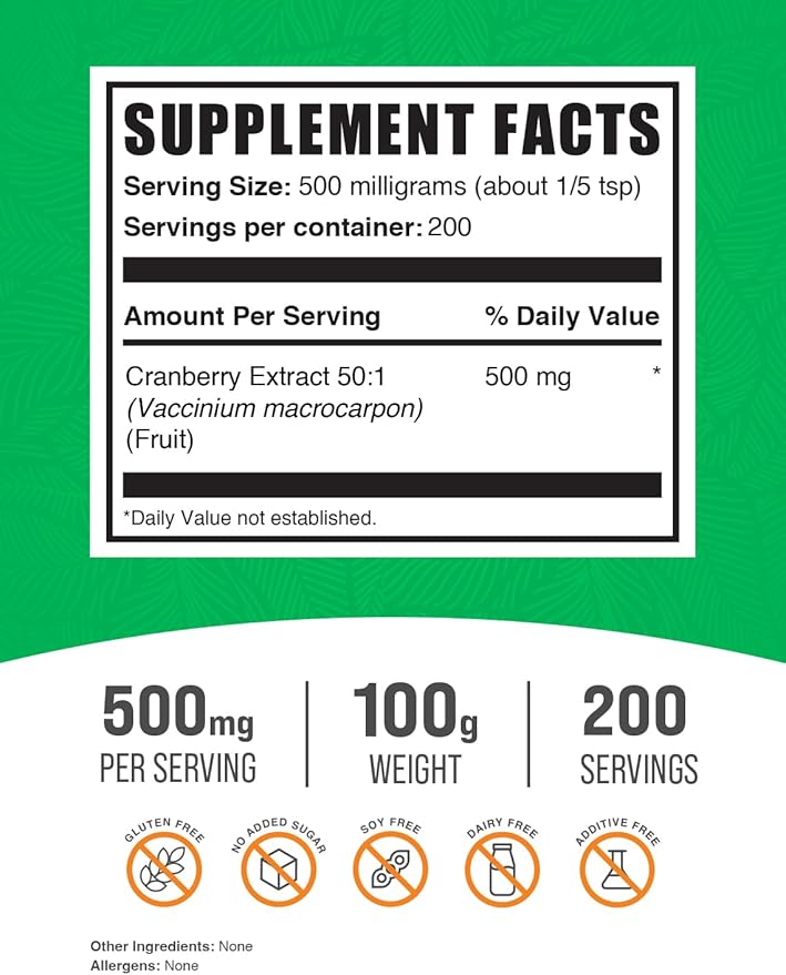 BulkSupplements.com Cranberry Extract Powder - Cranberry Supplements for Women & Men, Dried Cranberries Unsweetened - for Urinary Tract Health, Vegan & Gluten Free, 500mg per Serving, 100g (3.5 oz)