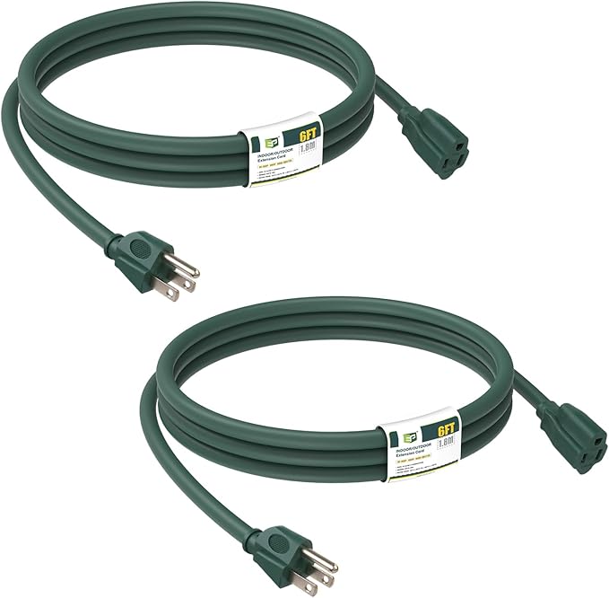 EP 2 Pack 6FT Green Outdoor Extension Cord, 16/3 SJTW Heavy Duty Waterproof, 3 Prong Grounded Plug, 13A 1625W 16AWG, Cold-Resistant Flexible Power Cable for Garden, Home, Christmas Lights
